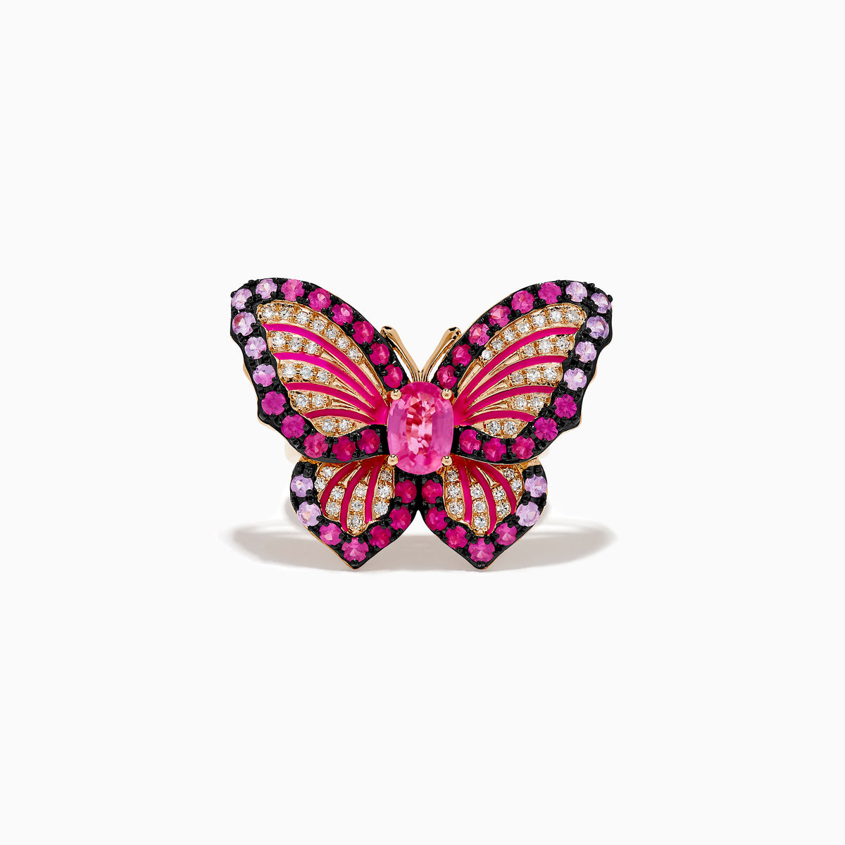The Nature 14K Rose Gold Pink Sapphire, Ruby, and Diamond Butterfly Ring features sparkling pink, red, and purple gemstones with rose gold accents and a large central pink sapphire on its detailed wings.