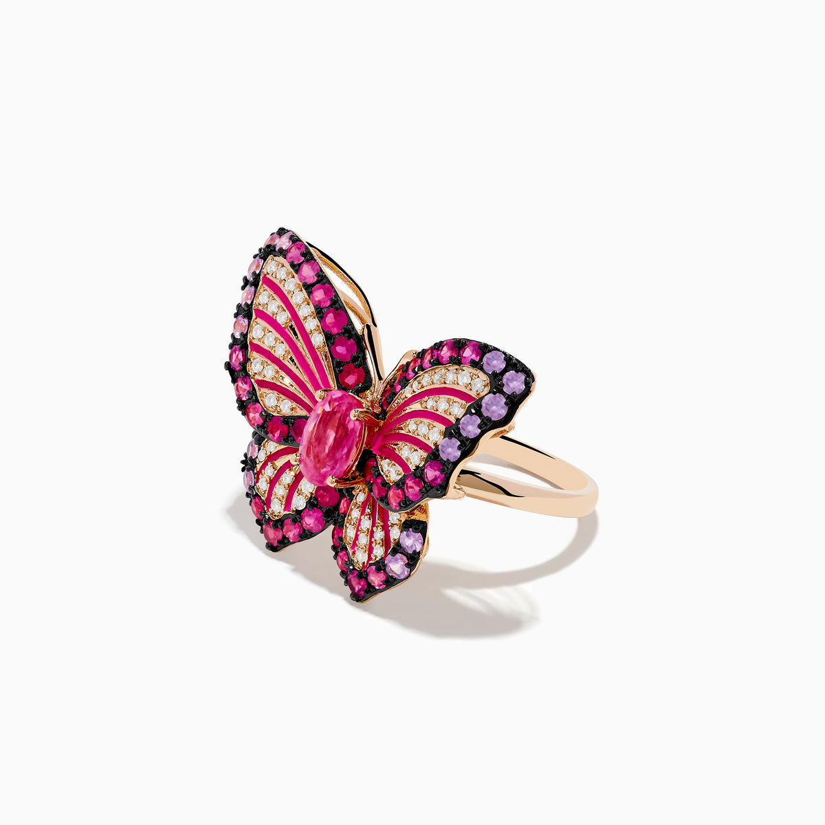 The Nature 14K Rose Gold Pink Sapphire, Ruby, and Diamond Butterfly Ring features sparkling pink, red, and purple gemstones with rose gold accents and a large central pink sapphire on its detailed wings.