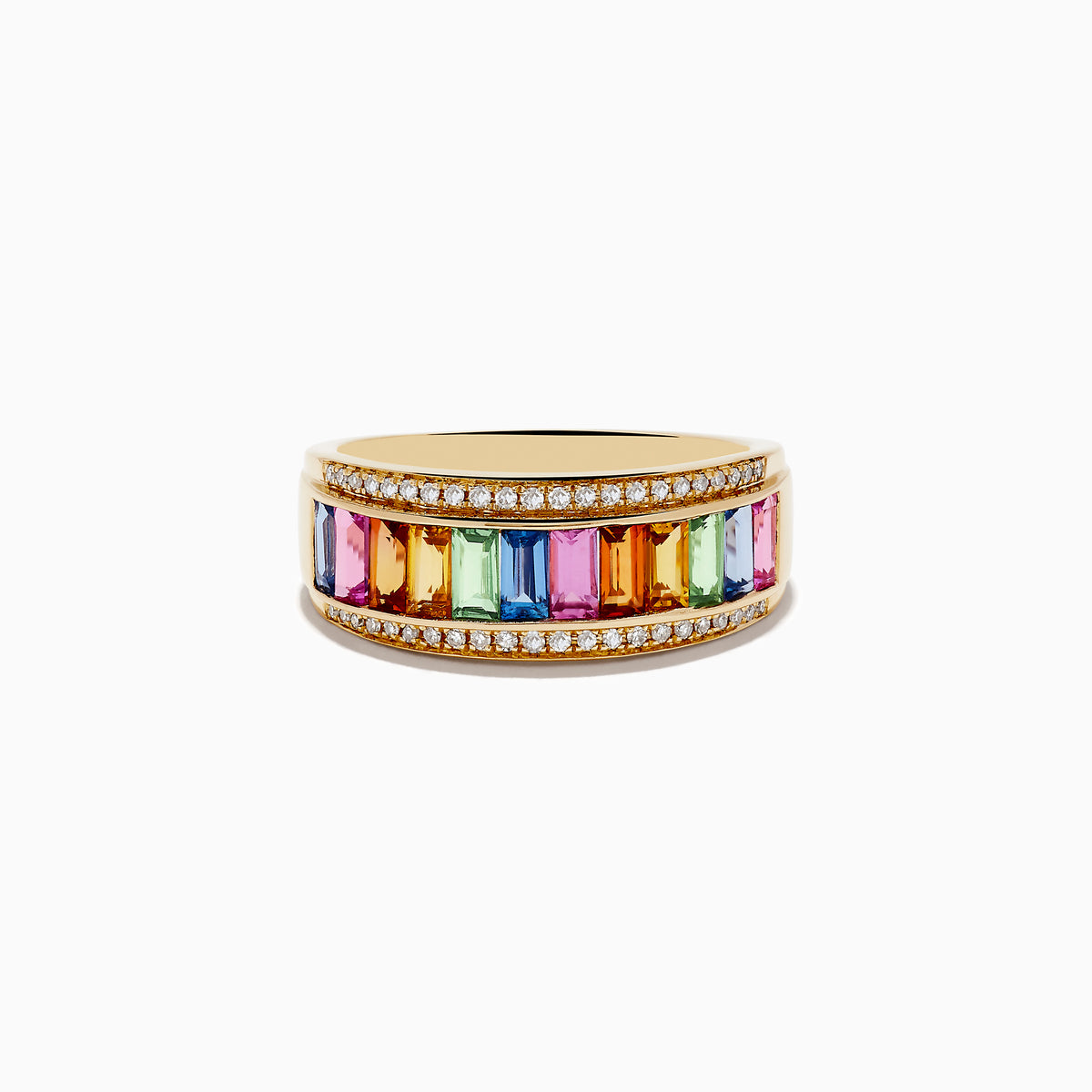 The Watercolors 14K Yellow Gold Multi Sapphire and Diamond Ring showcases vibrant sapphires in various hues bordered by two rows of sparkling diamonds, all set on a yellow gold band and displayed against a white background.
