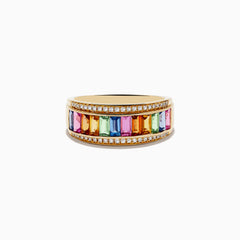 The Watercolors 14K Yellow Gold Multi Sapphire and Diamond Ring showcases vibrant sapphires in various hues bordered by two rows of sparkling diamonds, all set on a yellow gold band and displayed against a white background.