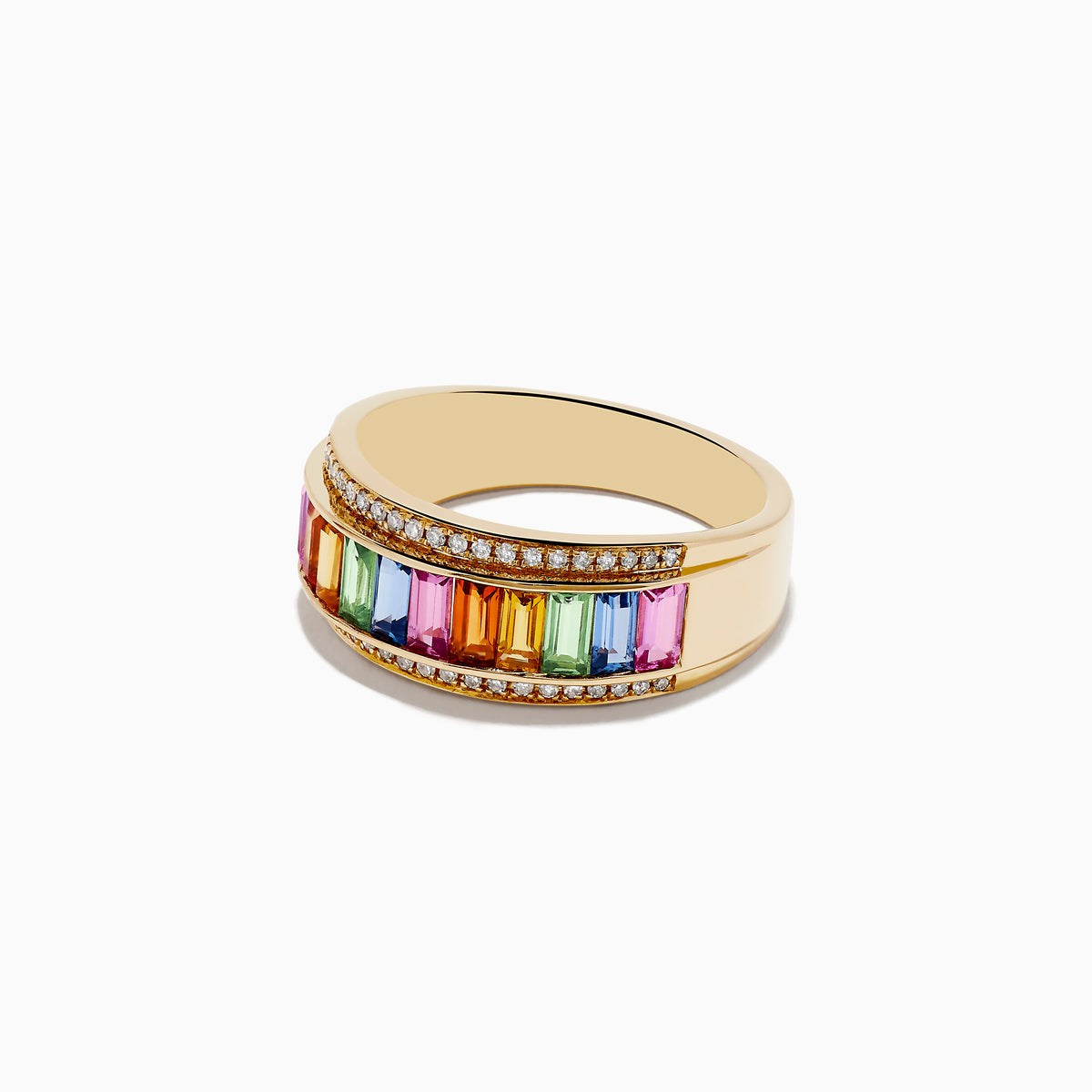 The Watercolors 14K Yellow Gold Multi Sapphire and Diamond Ring showcases vibrant sapphires in various hues bordered by two rows of sparkling diamonds, all set on a yellow gold band and displayed against a white background.