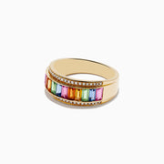 The Watercolors 14K Yellow Gold Multi Sapphire and Diamond Ring showcases vibrant sapphires in various hues bordered by two rows of sparkling diamonds, all set on a yellow gold band and displayed against a white background.