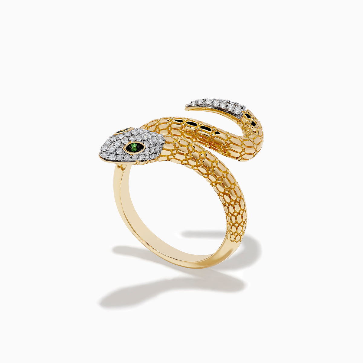 The Safari 14k Yellow Gold Snake Diamond Ring features a coiled snake with textured scale-like details, diamond-encrusted head and tail, and striking green gemstone eyes—an Effy Safari-inspired statement piece.