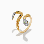 The Safari 14k Yellow Gold Snake Diamond Ring features a coiled snake with textured scale-like details, diamond-encrusted head and tail, and striking green gemstone eyes—an Effy Safari-inspired statement piece.