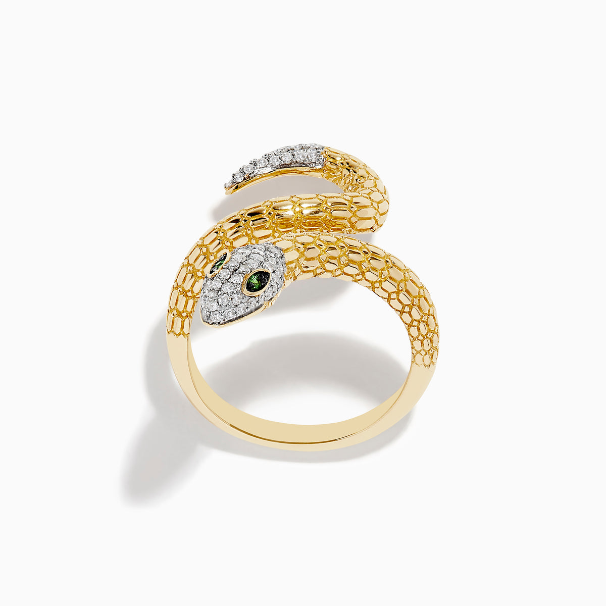The Safari 14k Yellow Gold Snake Diamond Ring features a coiled snake with textured scale-like details, diamond-encrusted head and tail, and striking green gemstone eyes—an Effy Safari-inspired statement piece.