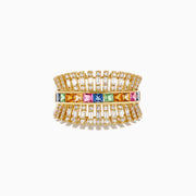 The Watercolor 14K Yellow Gold Diamond and Multi Sapphire Ring showcases a central row of colorful square sapphires, flanked by rectangular diamonds, all set in a detailed, fan-like design.
