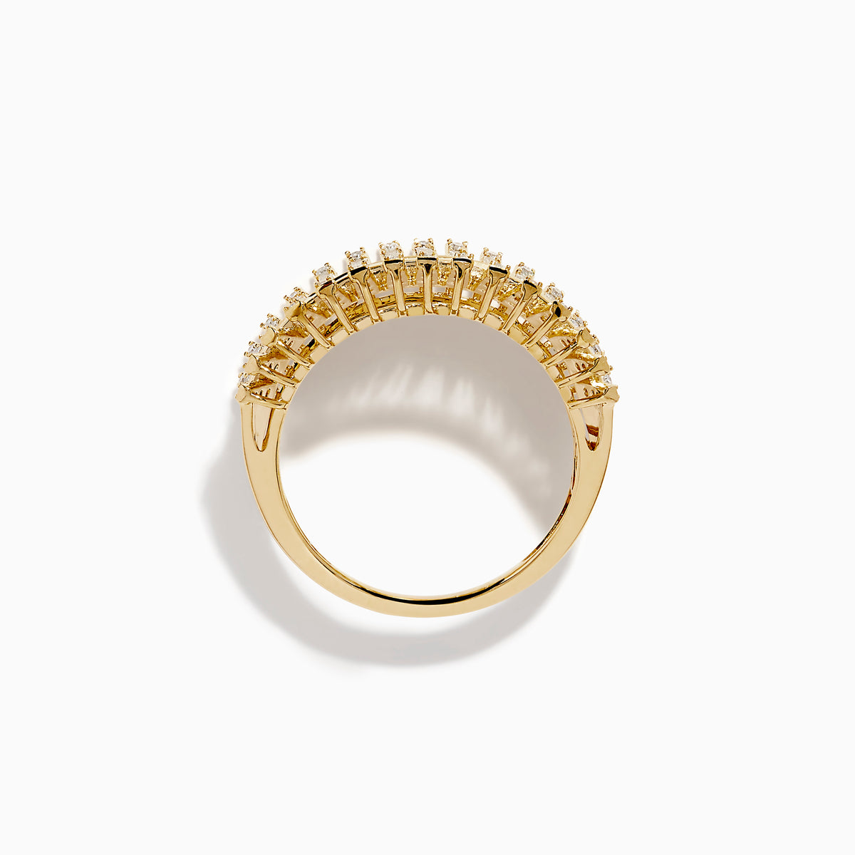 The Watercolor 14K Yellow Gold Diamond and Multi Sapphire Ring showcases a central row of colorful square sapphires, flanked by rectangular diamonds, all set in a detailed, fan-like design.