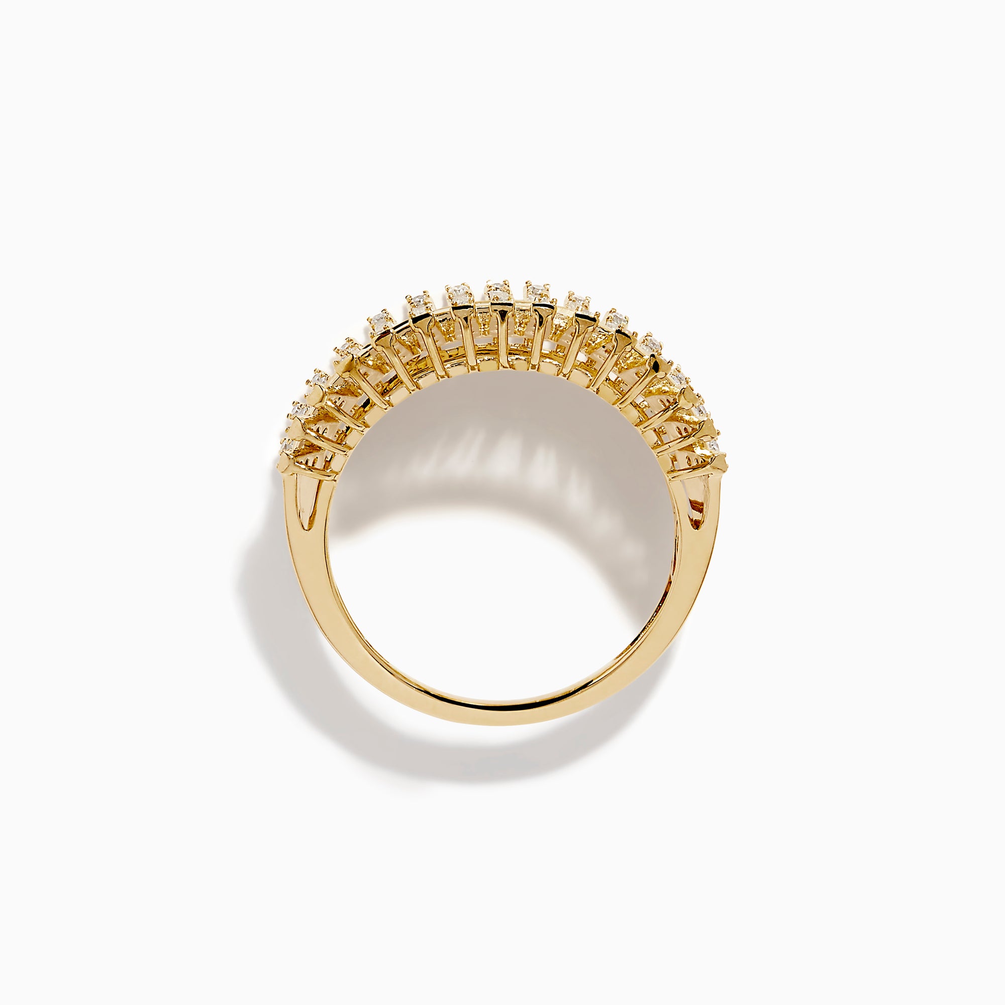 The Watercolor 14K Yellow Gold Diamond and Multi Sapphire Ring showcases a central row of colorful square sapphires, flanked by rectangular diamonds, all set in a detailed, fan-like design.