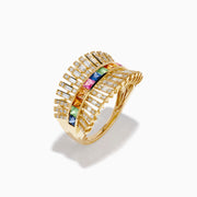 The Watercolor 14K Yellow Gold Diamond and Multi Sapphire Ring showcases a central row of colorful square sapphires, flanked by rectangular diamonds, all set in a detailed, fan-like design.