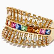 The Watercolor 14K Yellow Gold Diamond and Multi Sapphire Ring showcases a central row of colorful square sapphires, flanked by rectangular diamonds, all set in a detailed, fan-like design.