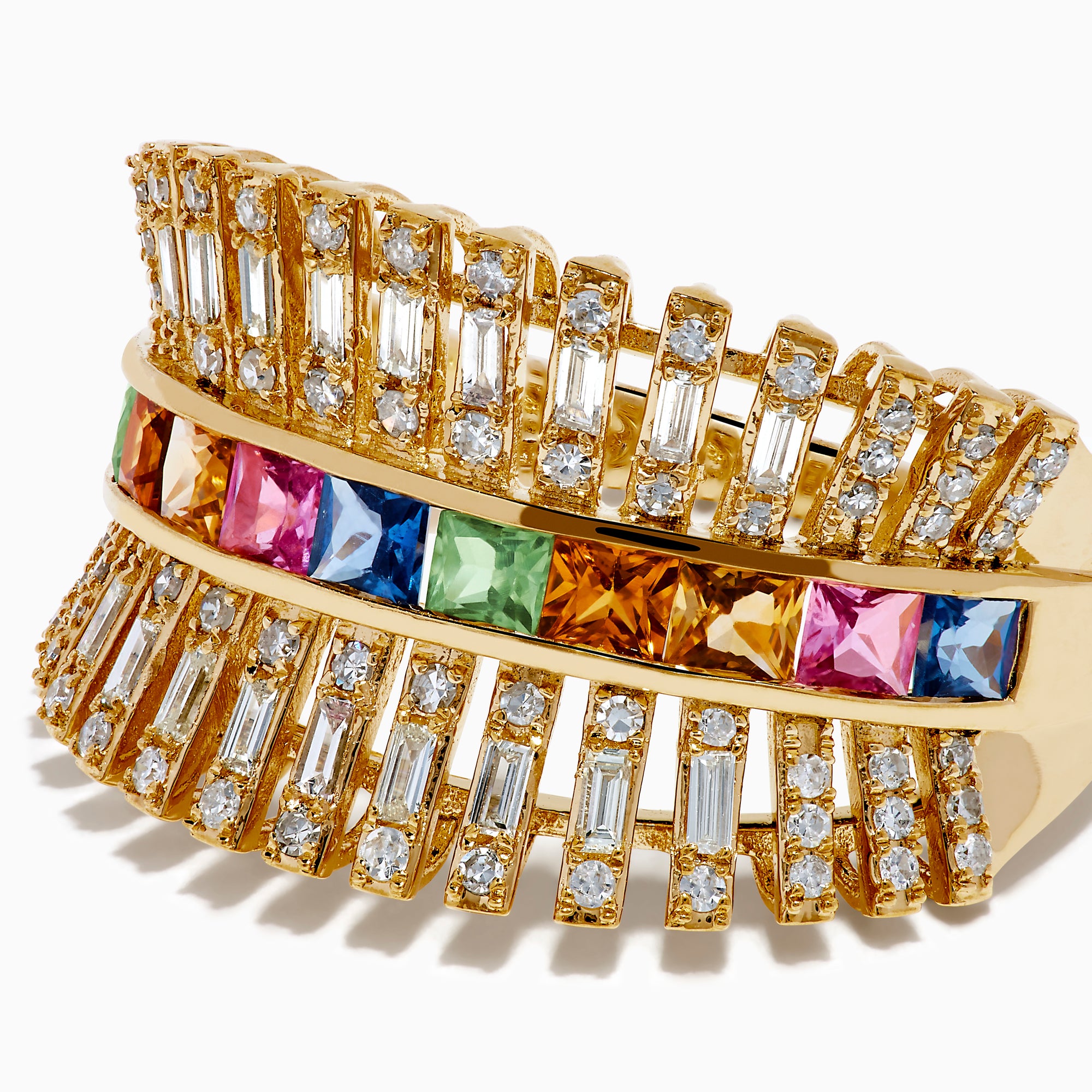 The Watercolor 14K Yellow Gold Diamond and Multi Sapphire Ring showcases a central row of colorful square sapphires, flanked by rectangular diamonds, all set in a detailed, fan-like design.