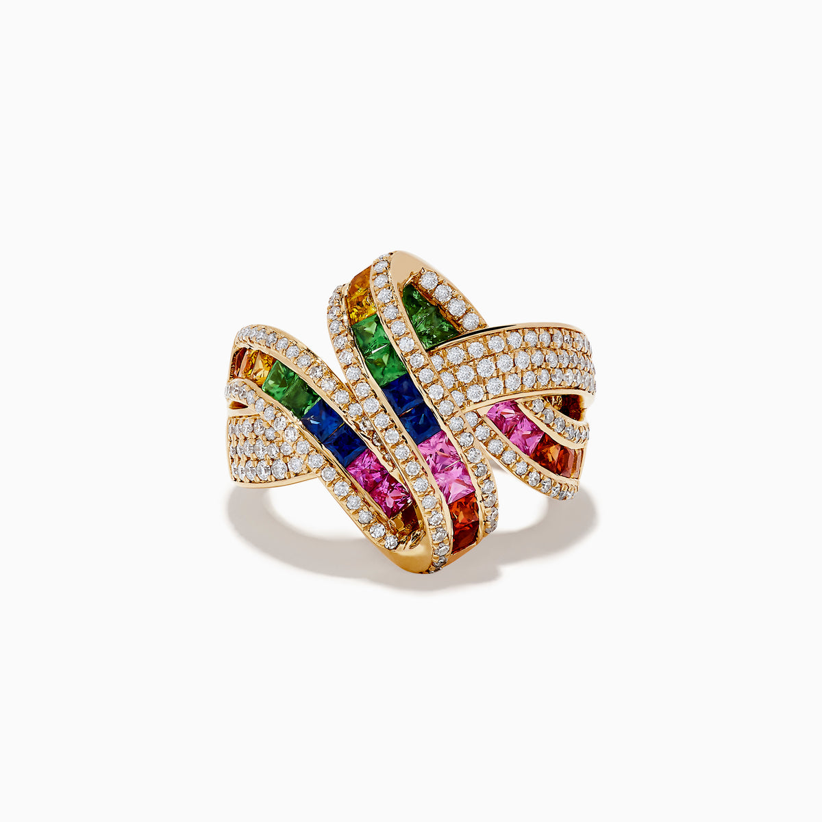 The Watercolor 14k Yellow Gold Multi Sapphire and Diamond Ribbon Ring features intersecting diamond-encrusted bands with rows of square-cut rainbow sapphires at the center, shown on a white background.