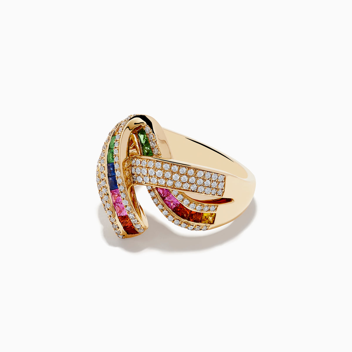 The Watercolor 14k Yellow Gold Multi Sapphire and Diamond Ribbon Ring features intersecting diamond-encrusted bands with rows of square-cut rainbow sapphires at the center, shown on a white background.