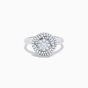 The Bouquet 14K White Gold Diamond Spiral Ring features a round diamond cluster encircled by two halos of sparkling diamonds on a polished band—ideal for lovers of the Diamond Spiral Ring style.
