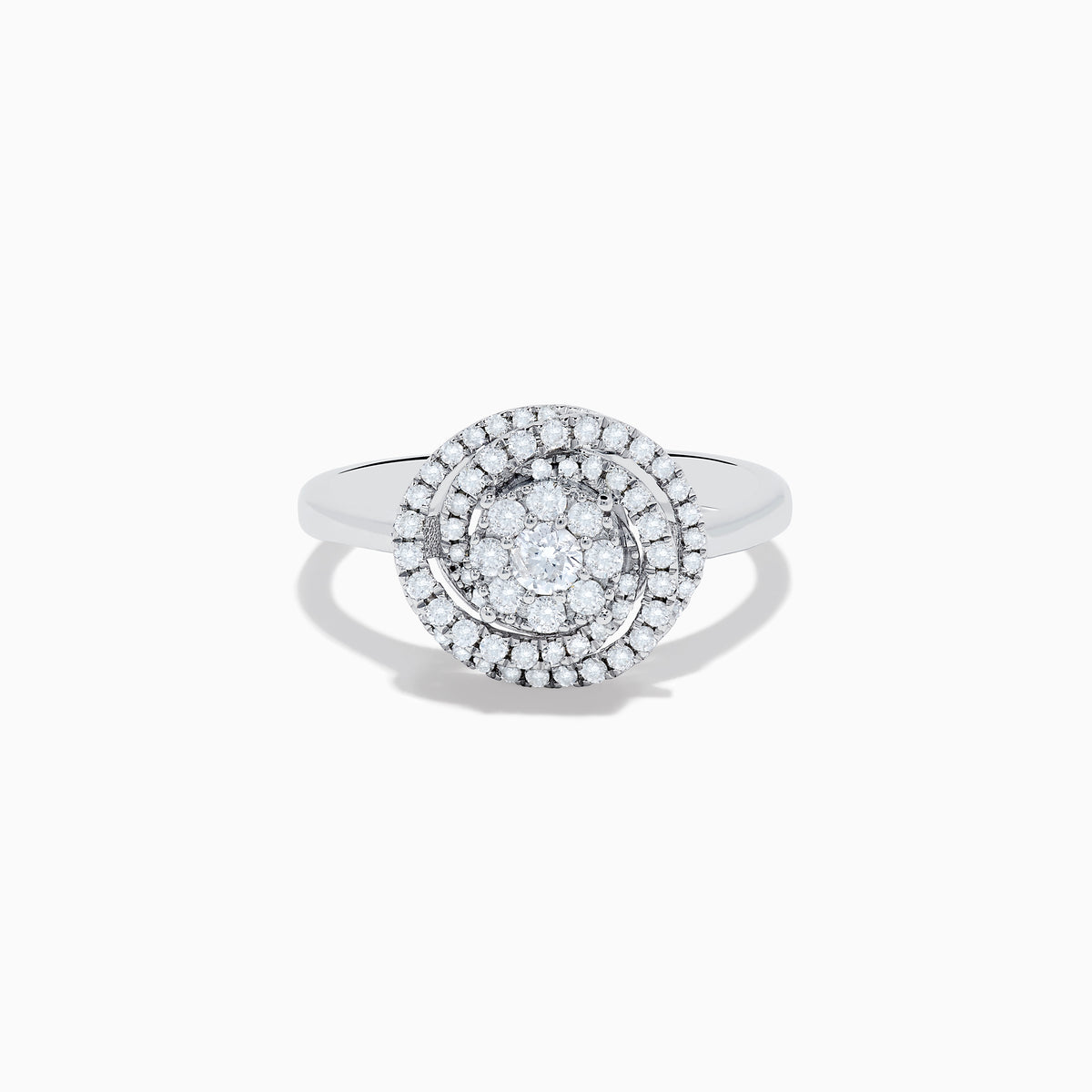 The Bouquet 14K White Gold Diamond Spiral Ring features a round diamond cluster encircled by two halos of sparkling diamonds on a polished band—ideal for lovers of the Diamond Spiral Ring style.