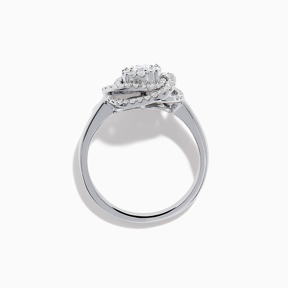 The Bouquet 14K White Gold Diamond Spiral Ring features a round diamond cluster encircled by two halos of sparkling diamonds on a polished band—ideal for lovers of the Diamond Spiral Ring style.