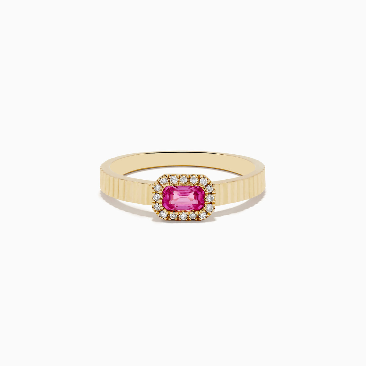 The 14K Yellow Gold Pink Sapphire and Diamond Ring features a ribbed gold band, a rectangular pink sapphire centerpiece, and a halo of white diamonds, shown on a white background.