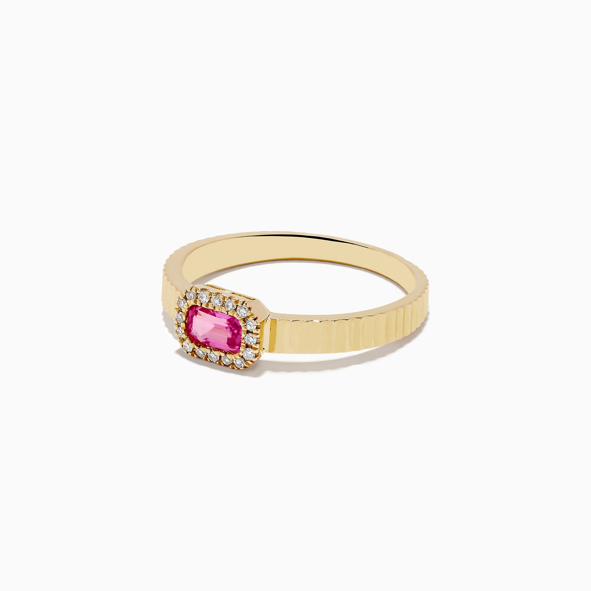 The 14K Yellow Gold Pink Sapphire and Diamond Ring features a ribbed gold band, a rectangular pink sapphire centerpiece, and a halo of white diamonds, shown on a white background.