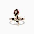 The Safari 14K Rose Gold Ruby and Diamond with Black Enamel Snake Ring features ruby eyes and diamond accents, shown against a white background.