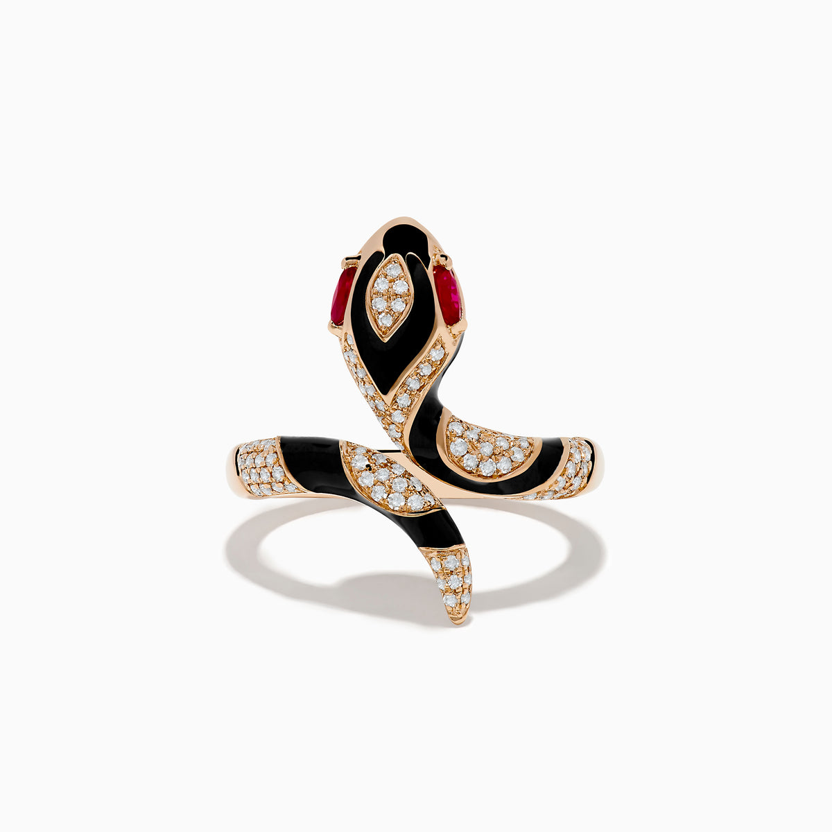 The Safari 14K Rose Gold Ruby and Diamond with Black Enamel Snake Ring features ruby eyes and diamond accents, shown against a white background.
