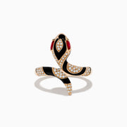 The Safari 14K Rose Gold Ruby and Diamond with Black Enamel Snake Ring features ruby eyes and diamond accents, shown against a white background.