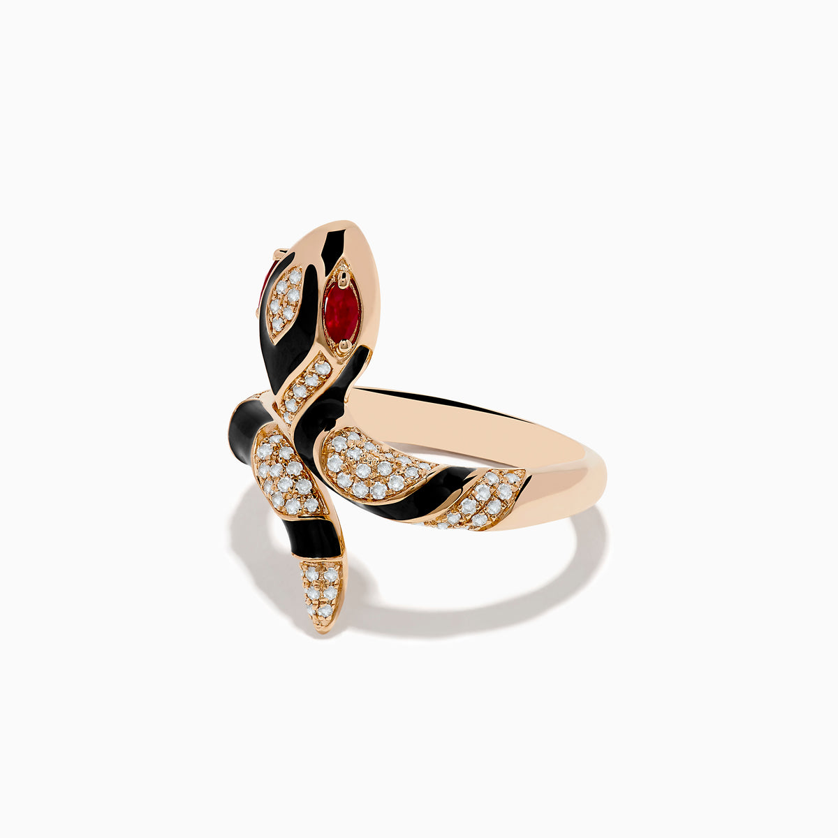 The Safari 14K Rose Gold Ruby and Diamond with Black Enamel Snake Ring features ruby eyes and diamond accents, shown against a white background.