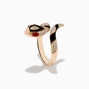 The Safari 14K Rose Gold Ruby and Diamond with Black Enamel Snake Ring features ruby eyes and diamond accents, shown against a white background.