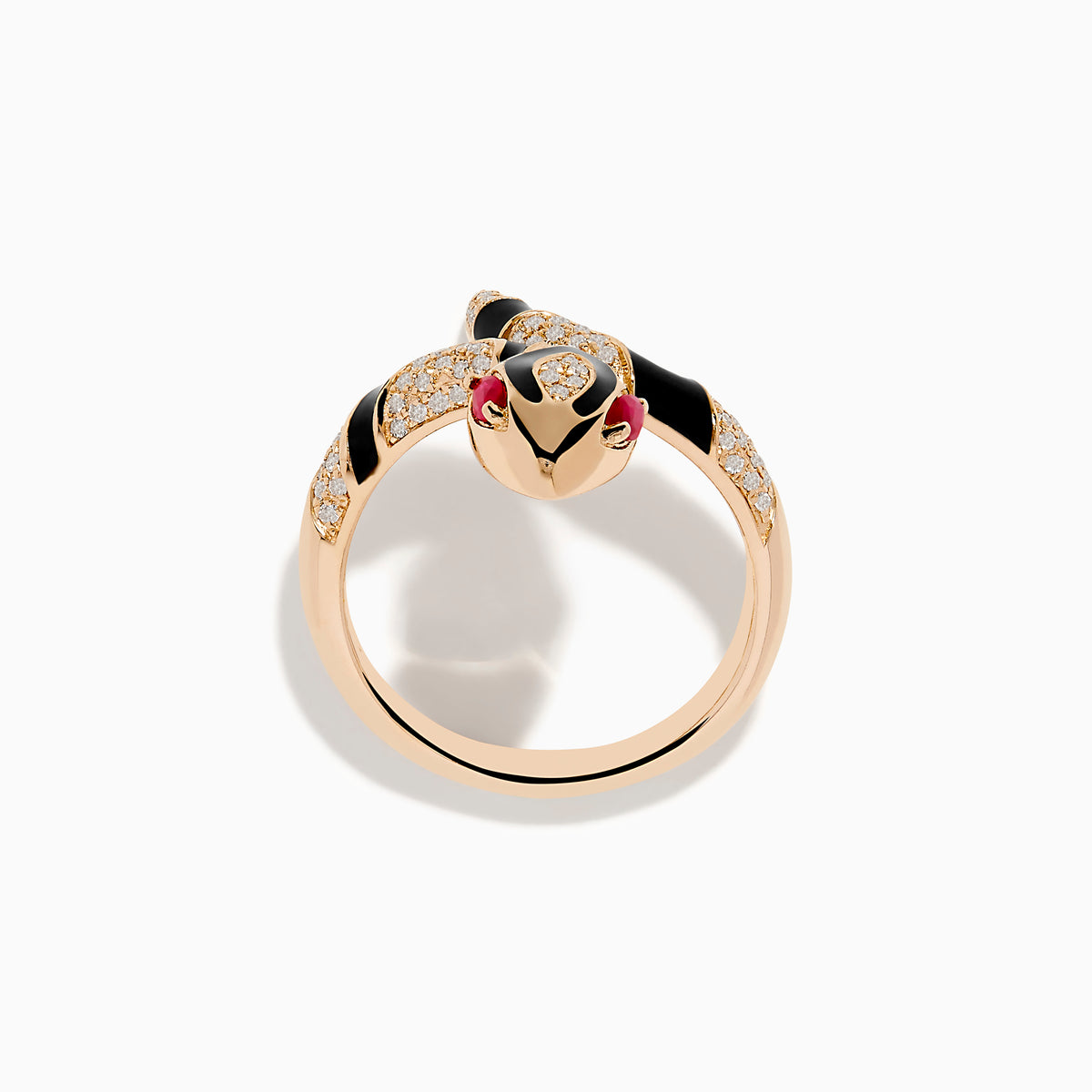 The Safari 14K Rose Gold Ruby and Diamond with Black Enamel Snake Ring features ruby eyes and diamond accents, shown against a white background.