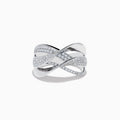 The 925 Sterling Silver Diamond Crossover Ring features an open, interwoven design with multiple crisscrossing bands—some set with sparkling white stones—shown against a white background.