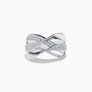 The 925 Sterling Silver Diamond Crossover Ring features an open, interwoven design with multiple crisscrossing bands—some set with sparkling white stones—shown against a white background.