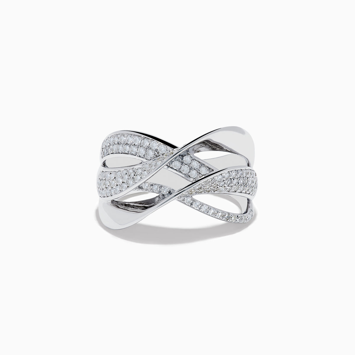 The 925 Sterling Silver Diamond Crossover Ring features an open, interwoven design with multiple crisscrossing bands—some set with sparkling white stones—shown against a white background.