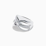 The 925 Sterling Silver Diamond Crossover Ring features an open, interwoven design with multiple crisscrossing bands—some set with sparkling white stones—shown against a white background.