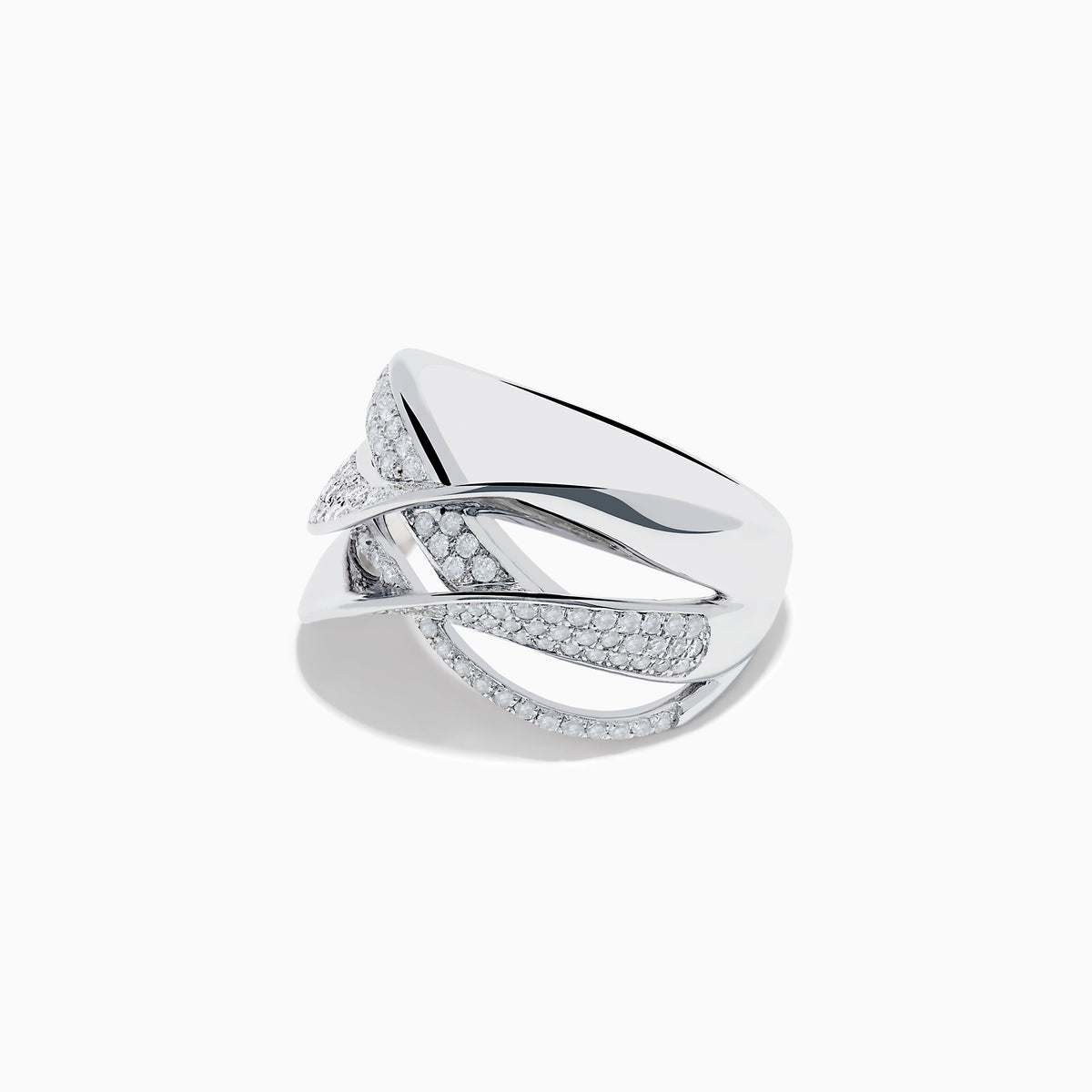 The 925 Sterling Silver Diamond Crossover Ring features an open, interwoven design with multiple crisscrossing bands—some set with sparkling white stones—shown against a white background.