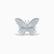 The Nature 14K White Gold Diamond with White Enamel Butterfly Ring features sparkling diamonds and delicate white enamel, elegantly crafted and showcased against a plain white background.