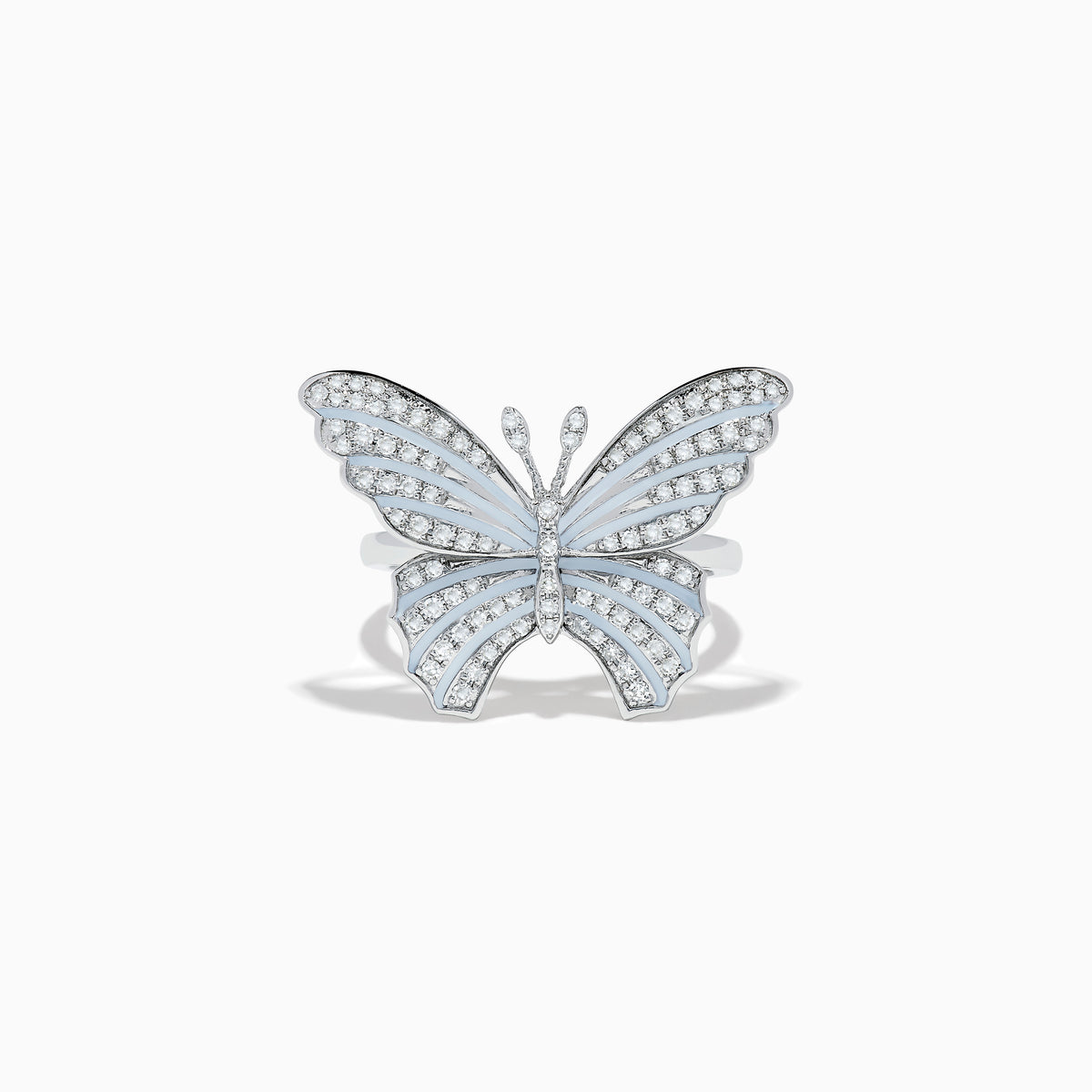 The Nature 14K White Gold Diamond with White Enamel Butterfly Ring features sparkling diamonds and delicate white enamel, elegantly crafted and showcased against a plain white background.