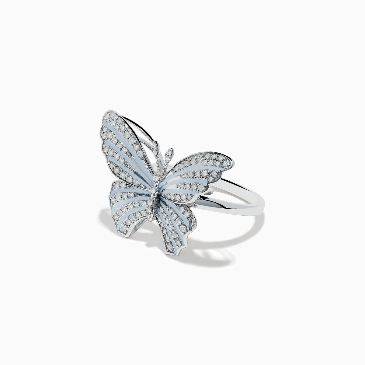 The Nature 14K White Gold Diamond with White Enamel Butterfly Ring features sparkling diamonds and delicate white enamel, elegantly crafted and showcased against a plain white background.