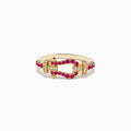The 14K Yellow Gold Ruby and Diamond Horseshoe Ring showcases a central horseshoe motif with sparkling rubies and diamond accents, offering an elegant and colorful look.