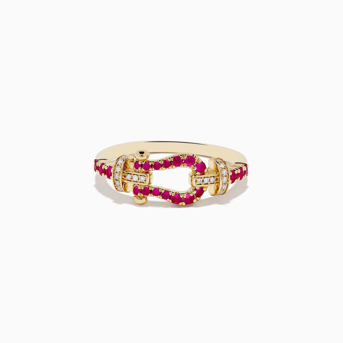 The 14K Yellow Gold Ruby and Diamond Horseshoe Ring showcases a central horseshoe motif with sparkling rubies and diamond accents, offering an elegant and colorful look.