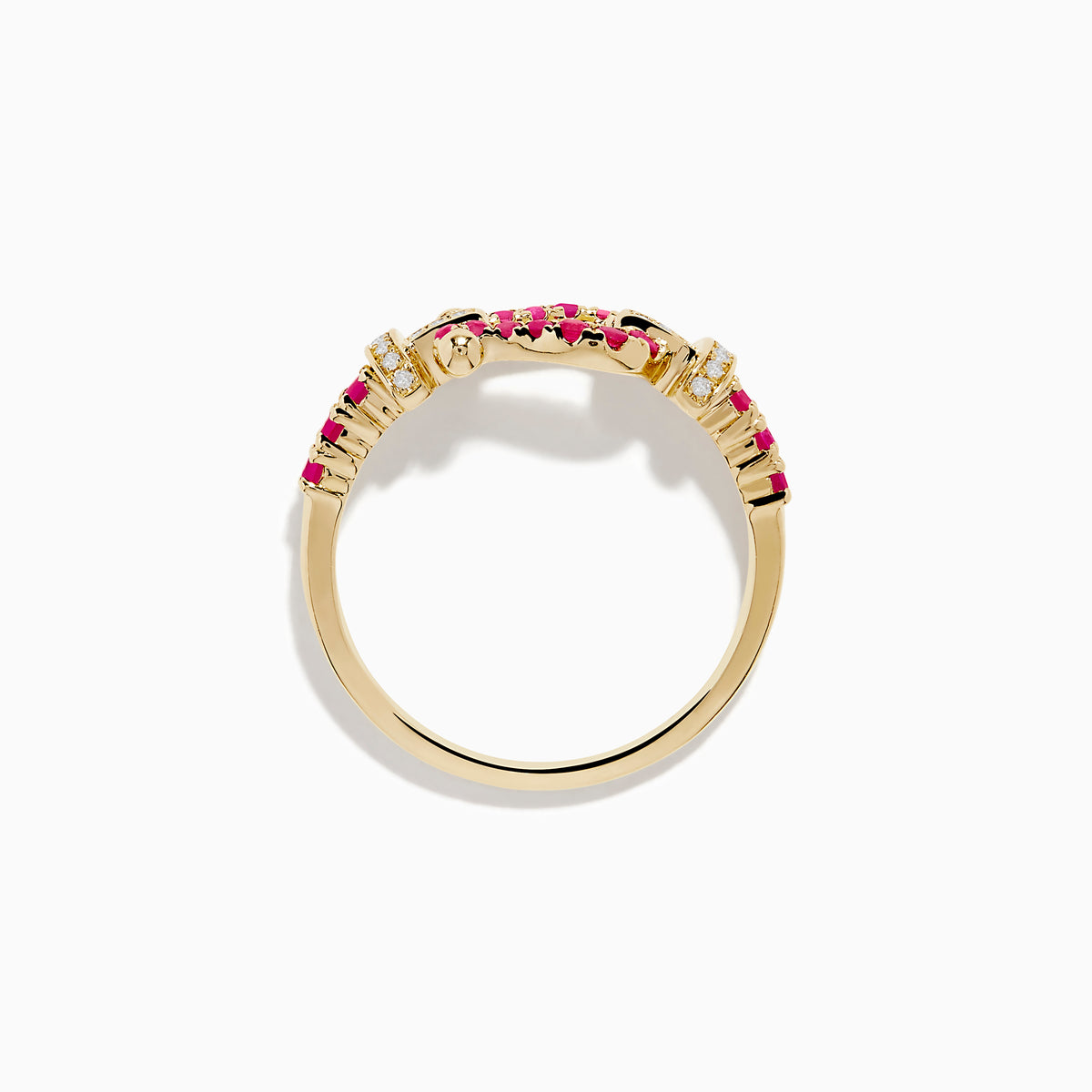 The 14K Yellow Gold Ruby and Diamond Horseshoe Ring showcases a central horseshoe motif with sparkling rubies and diamond accents, offering an elegant and colorful look.