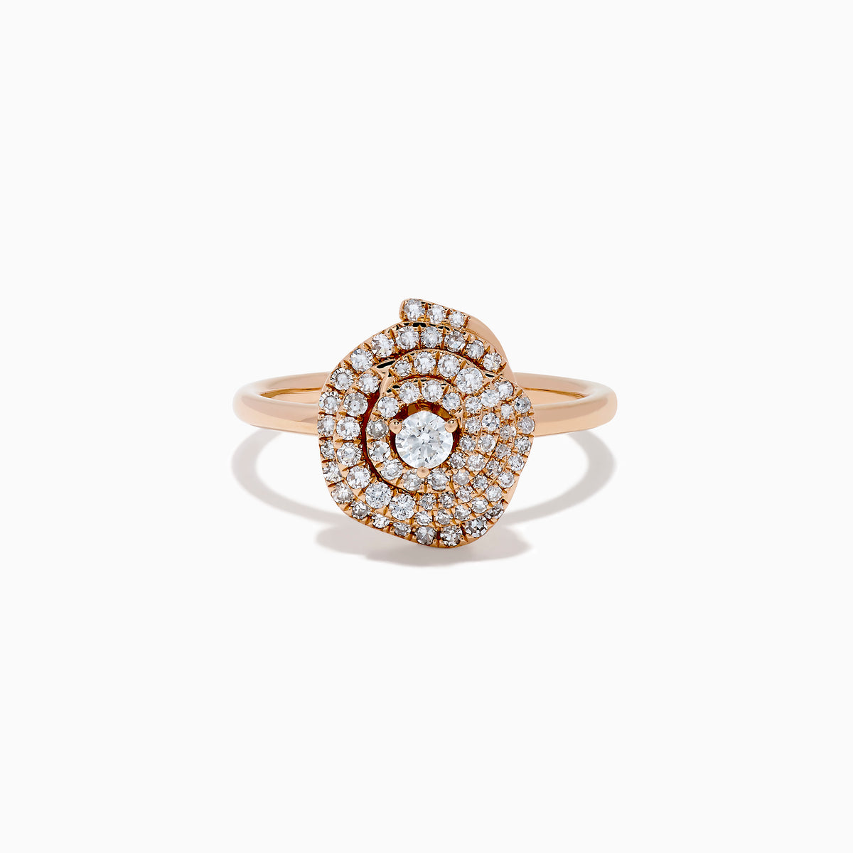 The Pave Rose 14K Rose Gold Diamond Rose Ring showcases a central round diamond encircled by concentric pave-set diamonds, creating an elegant spiral floral design.
