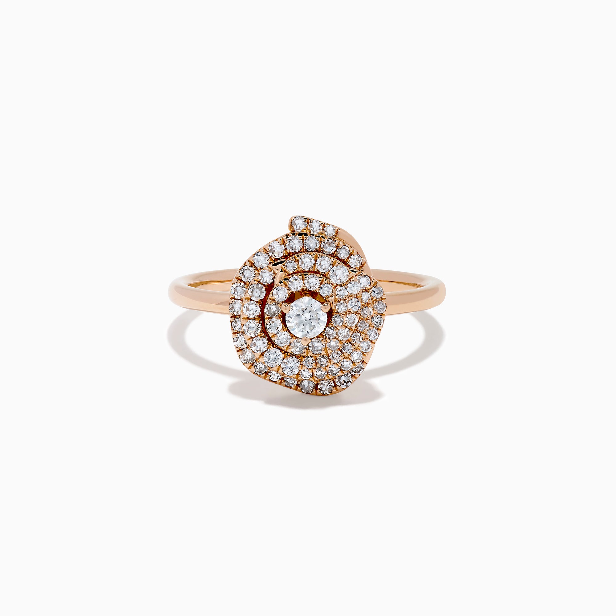 The Pave Rose 14K Rose Gold Diamond Rose Ring showcases a central round diamond encircled by concentric pave-set diamonds, creating an elegant spiral floral design.