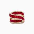 The Ruby Royale 14K Yellow Gold Ruby and Diamond Ring showcases three rows of rectangular rubies bordered by wavy white diamond accents, set against a white background.