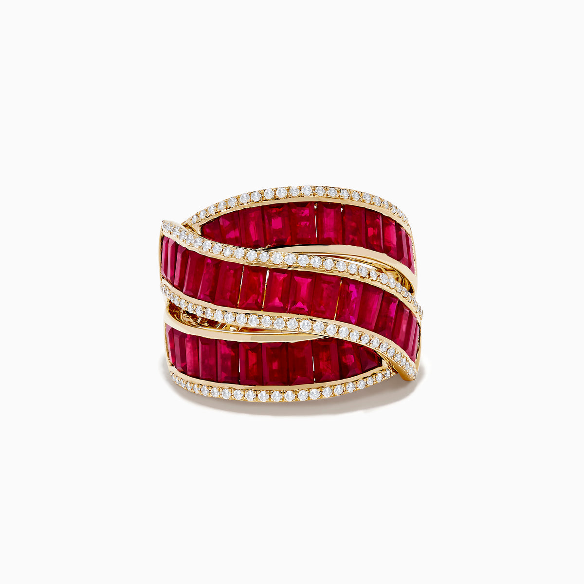 The Ruby Royale 14K Yellow Gold Ruby and Diamond Ring showcases three rows of rectangular rubies bordered by wavy white diamond accents, set against a white background.