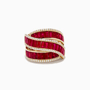 The Ruby Royale 14K Yellow Gold Ruby and Diamond Ring showcases three rows of rectangular rubies bordered by wavy white diamond accents, set against a white background.