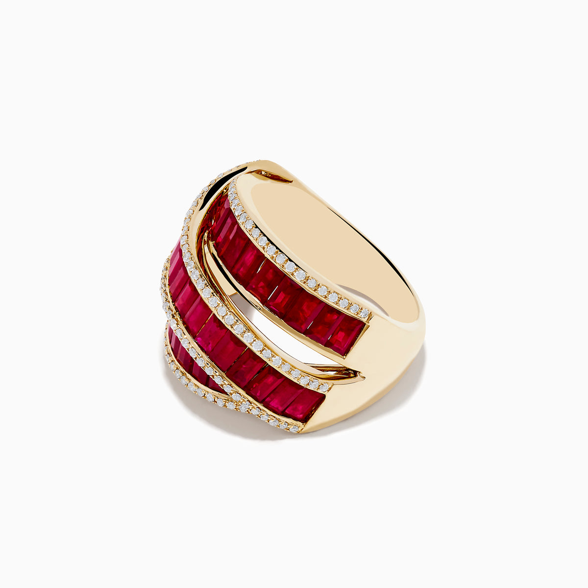 The Ruby Royale 14K Yellow Gold Ruby and Diamond Ring showcases three rows of rectangular rubies bordered by wavy white diamond accents, set against a white background.