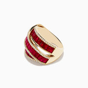 The Ruby Royale 14K Yellow Gold Ruby and Diamond Ring showcases three rows of rectangular rubies bordered by wavy white diamond accents, set against a white background.