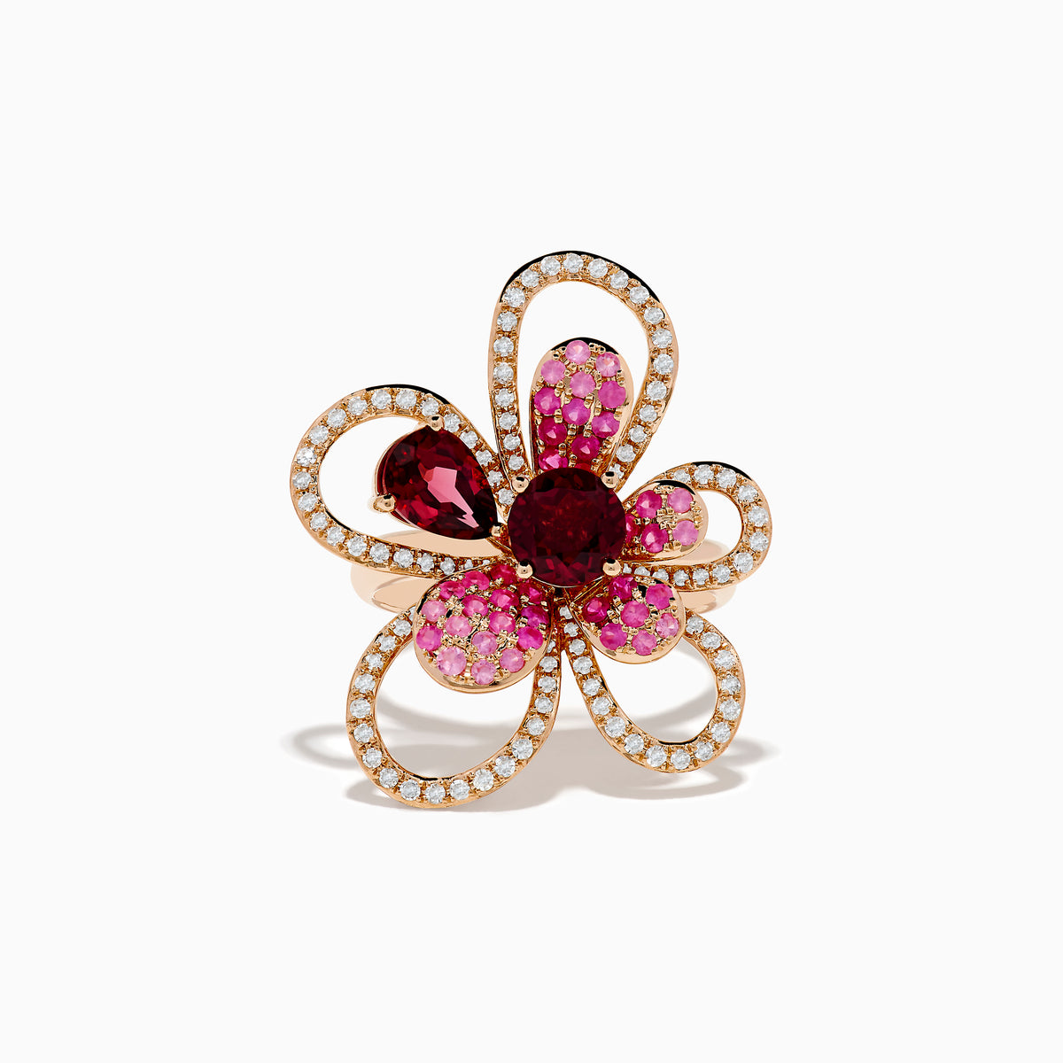 The Nature 14K Rose Gold Pink Sapphire Rhodolite and Diamond Ring features a large, stylized flower design with diamond-outlined loops, pink sapphires and red gemstones on the petals, and two deep red stones at its center.