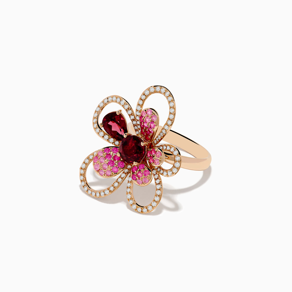 The Nature 14K Rose Gold Pink Sapphire Rhodolite and Diamond Ring features a large, stylized flower design with diamond-outlined loops, pink sapphires and red gemstones on the petals, and two deep red stones at its center.