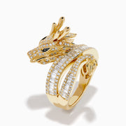 The 14K Yellow Gold Diamond Dragon Wrap Ring features a sculpted dragon adorned with rows of sparkling diamonds on the band and dragon’s body, set in yellow gold and displayed against a white background.