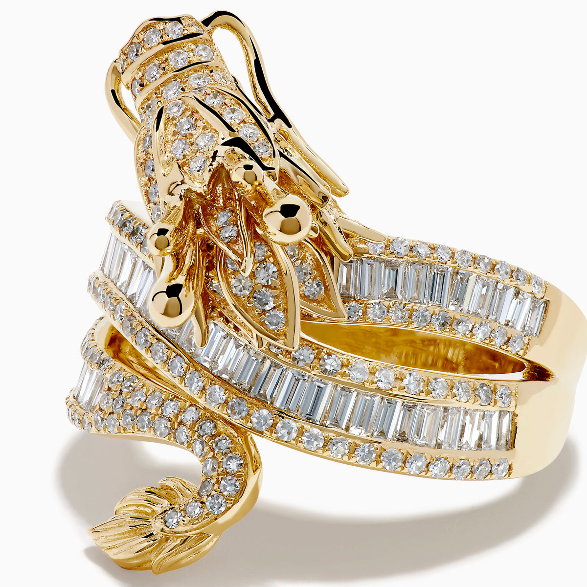 The 14K Yellow Gold Diamond Dragon Wrap Ring features a sculpted dragon adorned with rows of sparkling diamonds on the band and dragon’s body, set in yellow gold and displayed against a white background.
